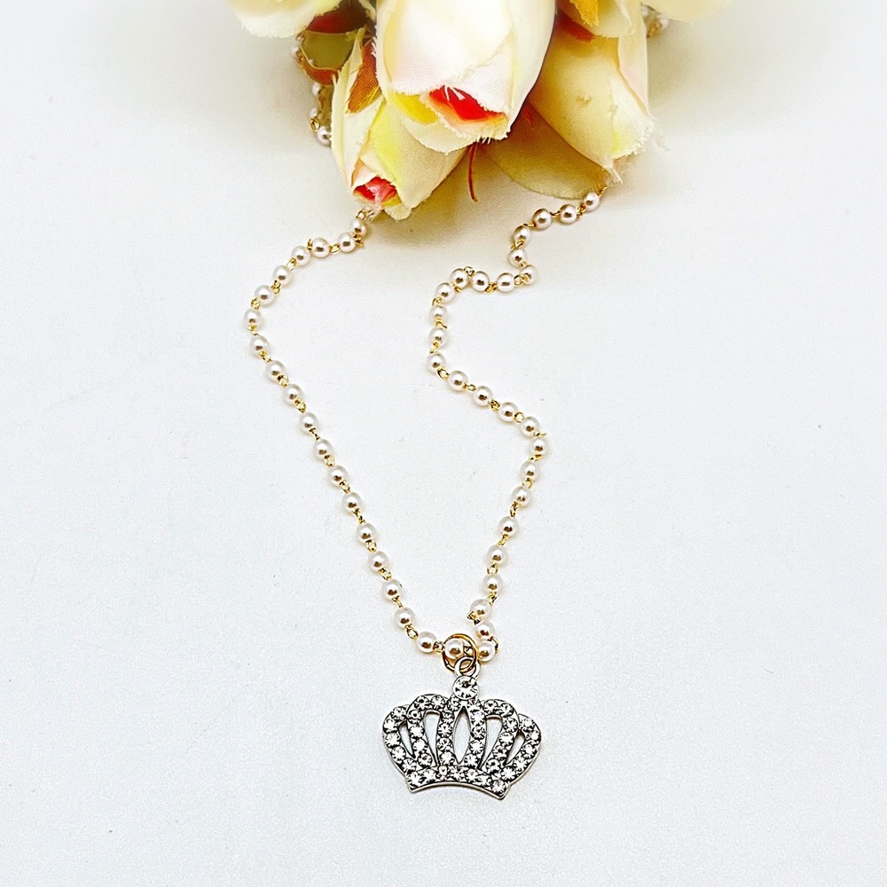 Crystal Crown Necklace Tiny Pearl Chain, Mother’s Day Gift, NWT, Gift Box Incl.